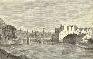 Old print of three-arched stone bridge